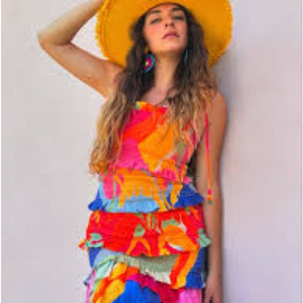 Farm Rio “Tropical Sunset” Smocked Ruffle Mini Dress Size L - Picture 3 of 8